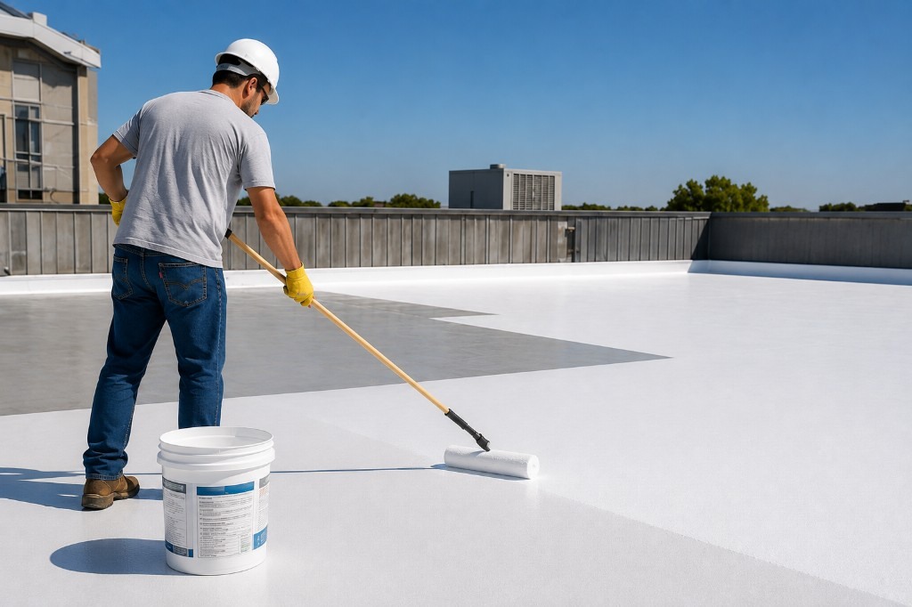 Worker applying white roof coating on a commercial flat roof