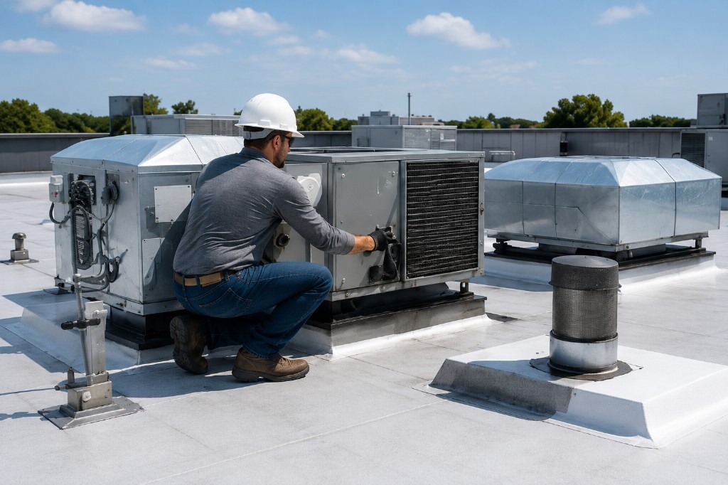 Technician servicing HVAC equipment on a commercial flat roof