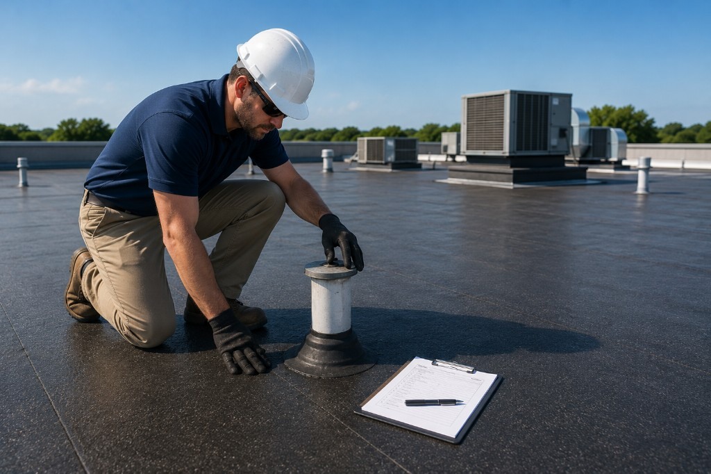 Roof inspector reviewing a commercial roof with checklist