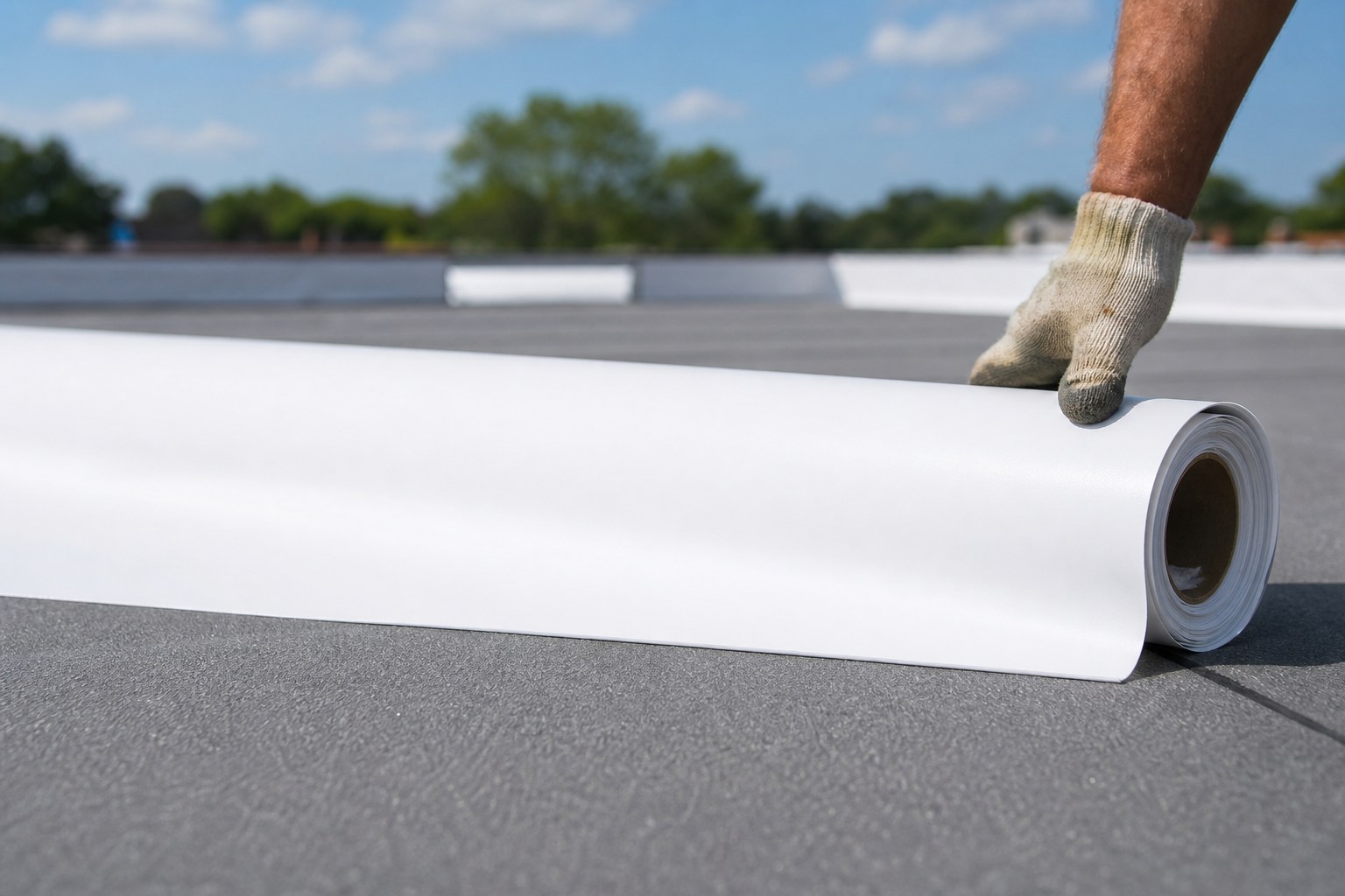 White TPO roofing membrane being rolled out on a commercial flat roof
